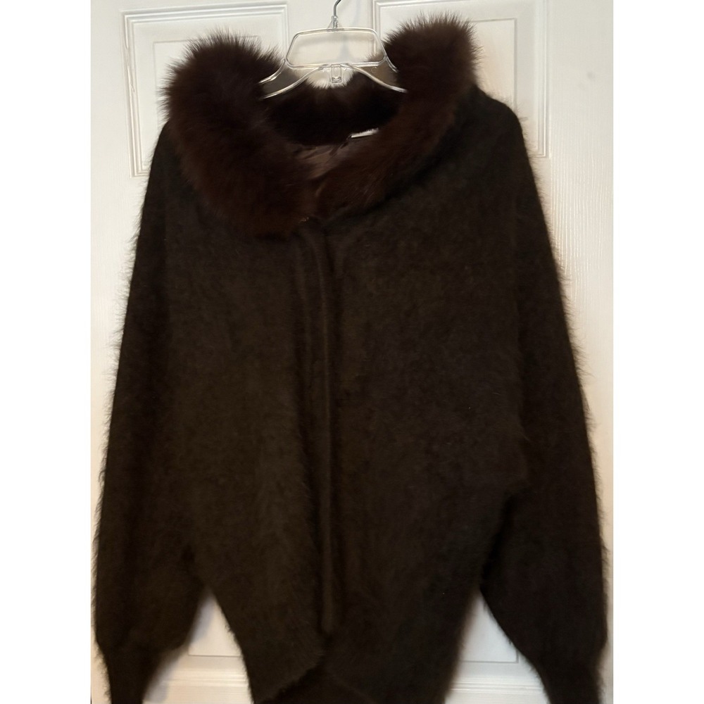 Exclusively Misook Fluffy Angora Cardigan Sweater Jacket L Brown Lined